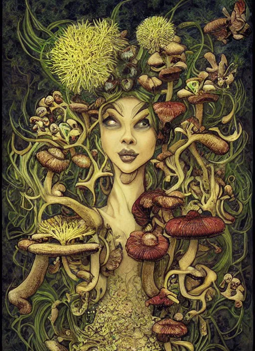 Image similar to arabesques grotesque painting with mushrooms, dandelions, crystals, faces, by james jean and hiroshi yoshida and brian froud, photo, textured