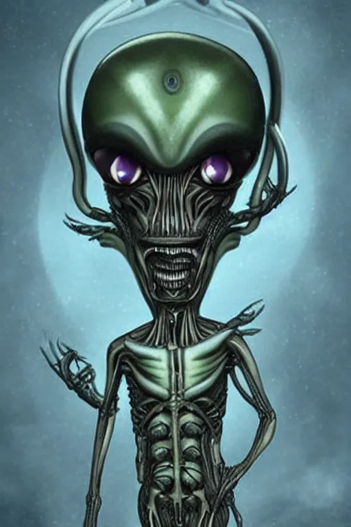 Image similar to beautiful genderless cosmic - eyed alien that is a little ominous creepy due to a few features resembling a xenomorph by hr giger.