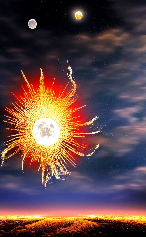 Prompt: highly detailed realistic photo of fire works on full moon seen from earth, wide angle shot, award winning masterpiece art, hyper realistic, concept art, 8 k detail post - processing