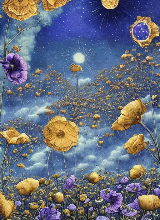 Image similar to detailed, intricate blue black and purple papaverum flower on the field, nebula, galaxy in the sky, winning award masterpiece, fantastically beautiful, illustration, aestheticly inspired, jacek yerka, upscale with anguissola sofonisba work, artstation, 8 k