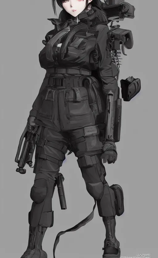 Image similar to highly detailed, high resolution, character design art, stunning, volumetric lightning, realistic guns, girls frontline style, matte, sharp focus, 150mm, illustration, artstation, by kuvshinov ilya, realistic human anatomy, simple design, realistic military gear