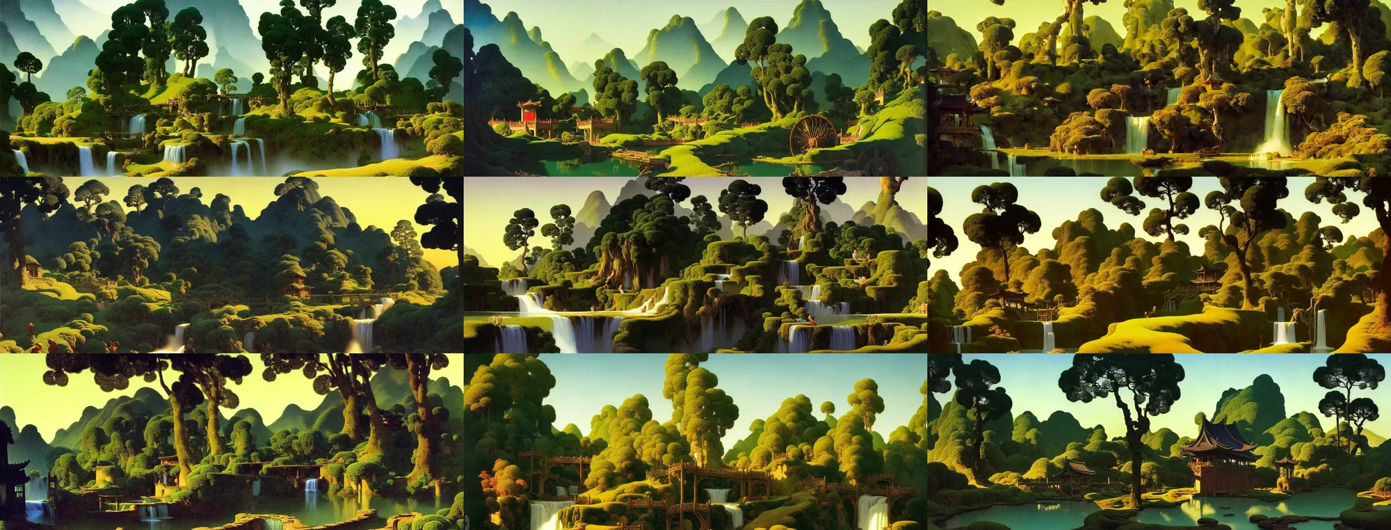 Prompt: a gorgeous landscape painting by barlowe wayne maxfield parrish and marco mazzoni. trees has just sprouted. early morning. tyndall effec!! light effect. chinese village. china waterwheel. the winding steps, waterfall from the mountain. ultra clear detailed. highly detailed, 3 d, octane render.