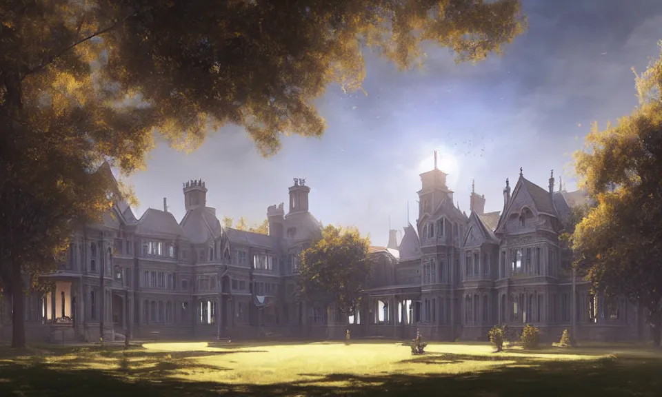 Image similar to a large victorian college building with other houses and trees, blue sky, highly detailed, sunny, volumetric, cinematic lighting, realistic, digital art by greg rutkowski