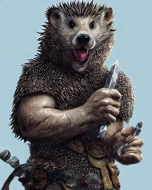 Image similar to anthropomorphic rugged hedgehog!!! with furry!! oversized barbarian muscular armored upper body, action battle pose,long hair, 👅 👅 , D&D, fantasy, intricate, elegant, highly detailed, digital painting, artstation, concept art, smooth, sharp focus, illustration, art by artgerm and beeple and greg rutkowski and alphonse mucha