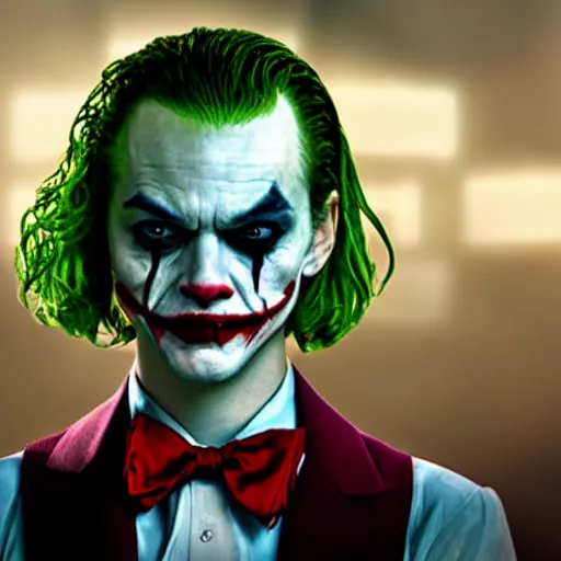 Image similar to awe inspiring image of Emma Stone playing The Joker looking beautiful 8k hdr