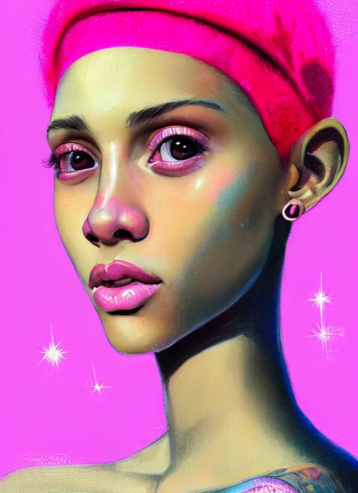 Image similar to portrait of teenage vanessa morgan with bright pink hair, black girl, curly pixie cut hair, wearing newsboy cap, pink short haircut, newsboy cap, hoop earrings, blue eyes, intricate, elegant, glowing lights, highly detailed, digital painting, artstation, concept art, smooth, sharp focus, illustration, art by wlop, mars ravelo and greg rutkowski