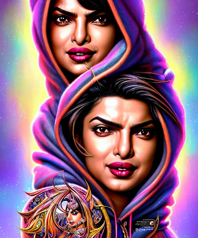 Image similar to Portrait of Priyanka Chopra , D&D, fantasy, intricate, richly detailed colored pencil 3D illustration of a beautiful with long metallic hair wearing a hoodie and short shorts that is evil and happy. mirrored background with completely rendered reflections, art by Range Murata and Artgerm highly detailed, digital painting, trending on artstation, sharp focus, illustration, style of Stanley Artgerm, perfect smile and tooth