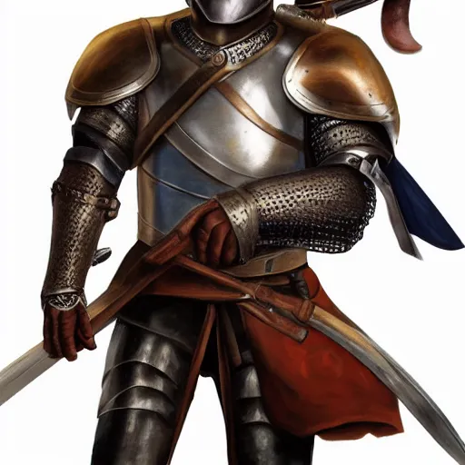 Prompt: realistic painting character portrait young scarred captain knight with a steel breastplate, short brown hair and stubble. straight nose, brown eyes, lean face and build. holding a longsword with a longbow on his back. hyper detailed