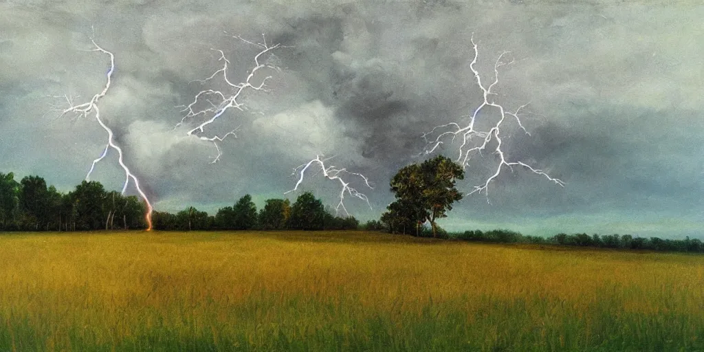 Prompt: lightning strikes a tree in the middle of a field, painting By Jean DeVille,