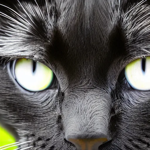 Image similar to intricate photo of a black cat, extreme close up on the cats face, cat facing right