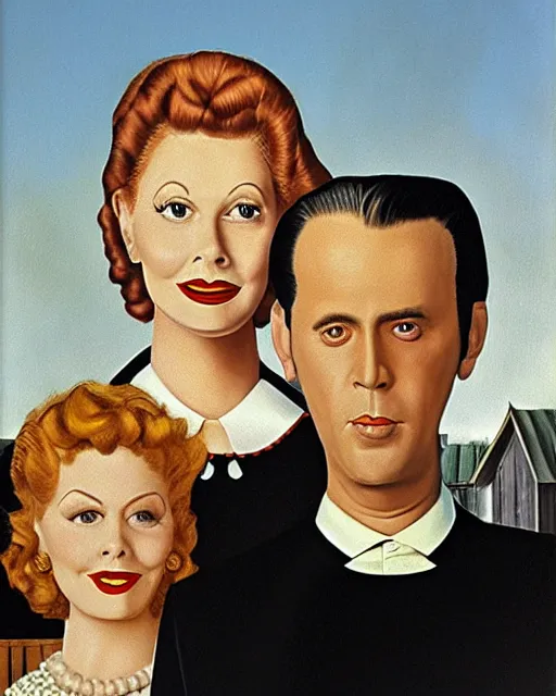 Prompt: painting of lucille ball and ricky ricardo as the couple in American Gothic by Grant Wood