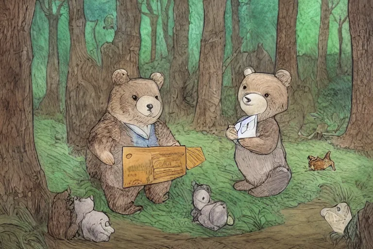 Image similar to a detailed children's book illustration by beatrix potter of a cute female bear child holding an envelope with a look of surprise surrounded by woodland animals. digital art, trending on artstation.