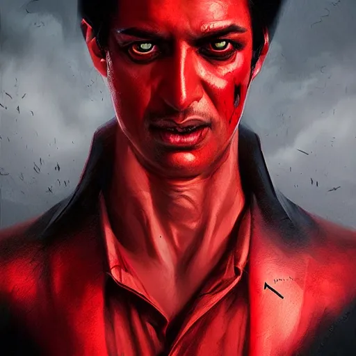 Image similar to portrait of rajesh hamal upper body in bloody business suit, blood red eyes, vampire fangs, fantasy, intricate, elegant, highly detailed, digital painting, artstation, concept art, matte, sharp focus, illustration, art by aenaluck and roberto ferri and greg rutkowski, epic fantasy, digital painting