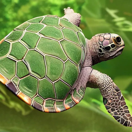 Prompt: highly detailed , photo realistic image , of a turtle , with many types of plant and insect life growing and riding on its shell