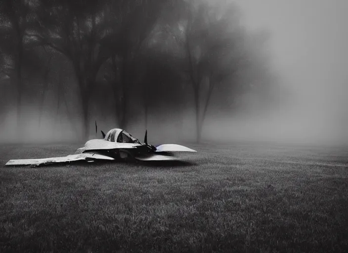 Prompt: black and white photograph of a crashed abandoned fighter jet in kansascity, rainy and foggy, soft focus
