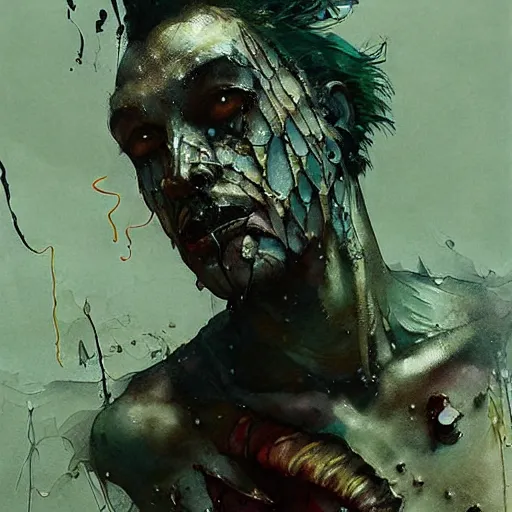 Image similar to mutant fishman sailor with gills and scales from the ocean by emil melmoth zdzislaw beksinki craig mullins yoji shinkawa realistic render ominous detailed photo atmospheric by jeremy mann francis bacon and agnes cecile ink drips paint smears digital glitches glitchart