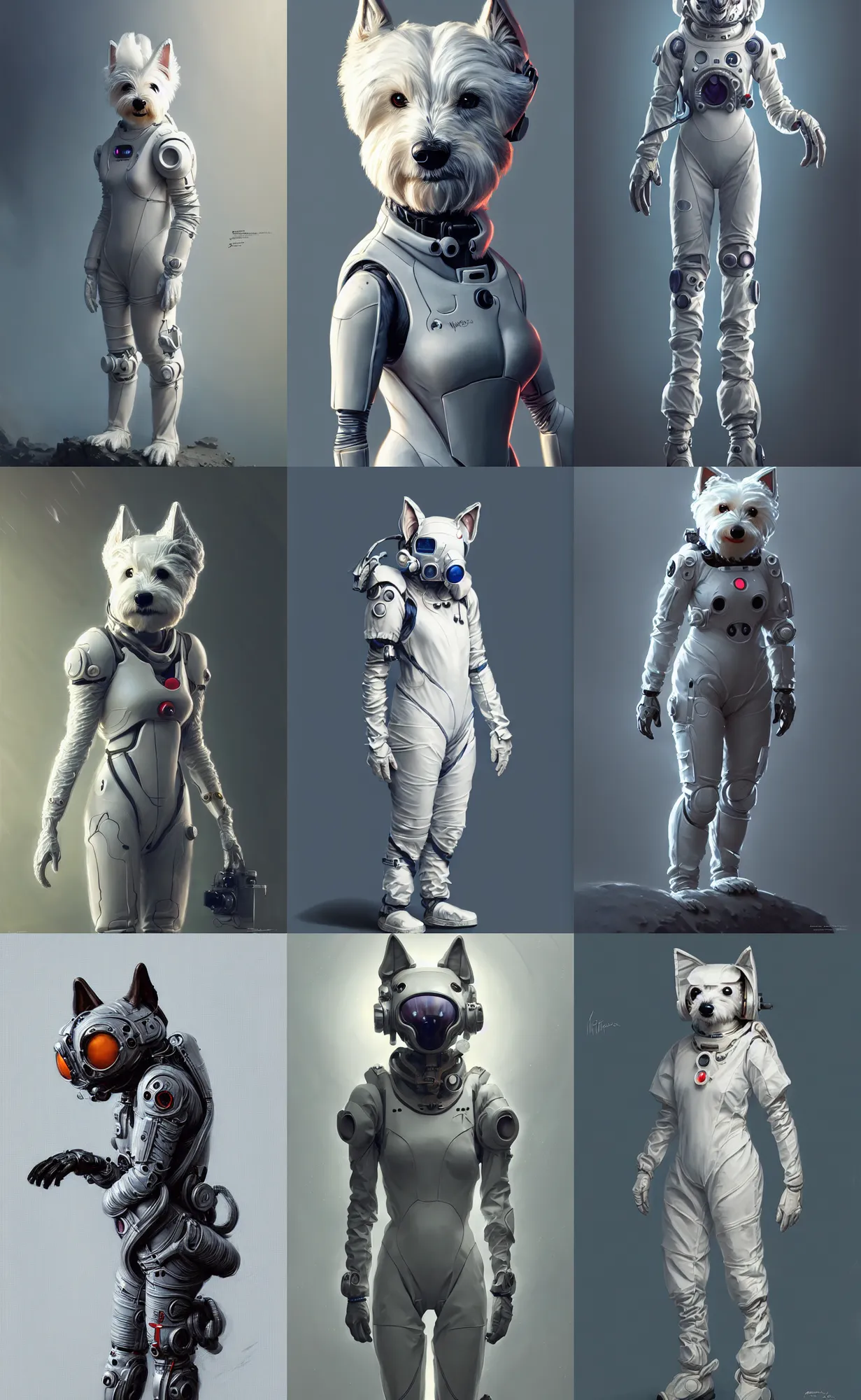 Prompt: an anthropomorphic anthropomorphic westie in an eva plugsuit, diffuse lighting, fantasy, intricate, elegant, highly detailed, lifelike, photorealistic, digital painting, trending on artstation, smooth, by greg rutkowski