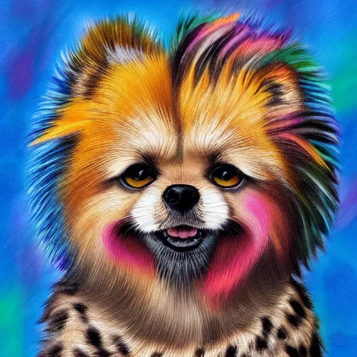 Image similar to hybrid animal cross between pomeranian dog and cheetah with long colorful mohawk hairstyle, detailed painting 4 k