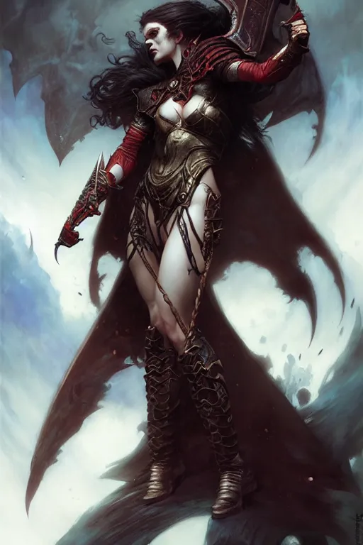 Image similar to powerful female vampire warrior by raymond swanland, gaston bussiere, simon bisley, anna podedworna, ayami kojima, greg rutkowski, maxim verehin