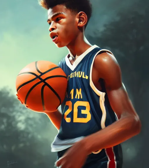 Prompt: portrait of a boy at a basketball court playing basketball wearing a basketball uniform in a basketball court, poised, intense emotion, detailed facial expression, detailed surroundings, intricate, elegant, highly detailed, centered, digital painting, artstation, concept art, smooth, sharp focus, illustration, by Peter Mohrbacher, WLOP