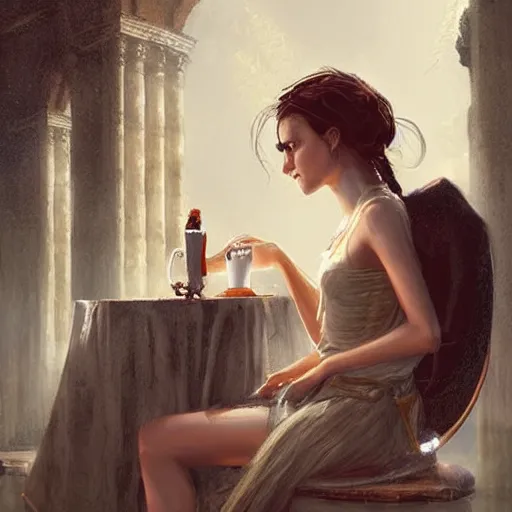 Prompt: pretty roman girl drinking coffee, extremely long hair, epic fantasy art by Greg Rutkowski