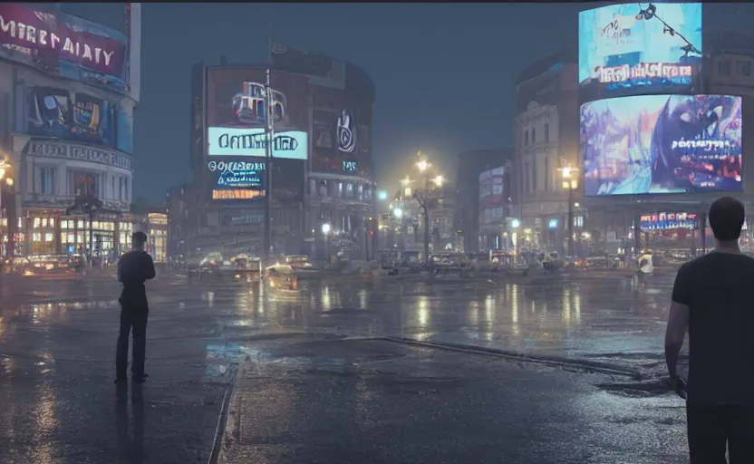 Image similar to a man standing in the middle of piccadilly circus at night, a photorealistic painting by Gregory Crewdson, cgsociety, american scene painting, playstation 5 screenshot, matte painting, cryengine