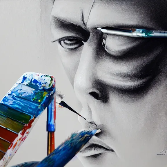 Prompt: robot artist painting a self - portrait on a canvas. intricate, highly detailed, photorealistic, film still, by alexandros pyromallis.
