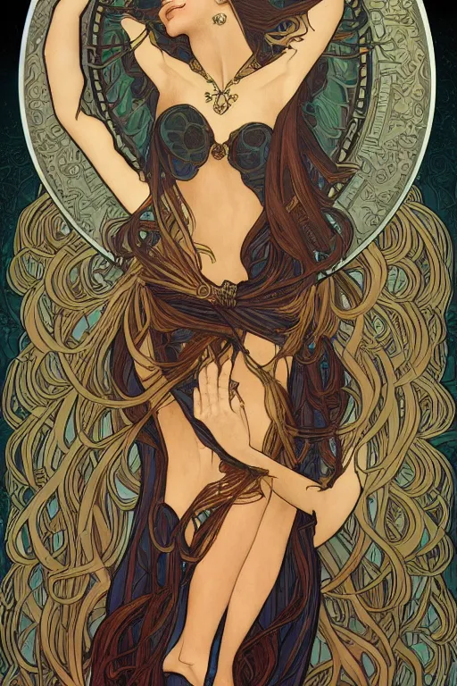 Image similar to Nephthys the goddess of death, in style blend of Botticelli and alphonse mucha and brom, amazing detail, stunning lines, flat colors, 4K, digital illustration, character concept