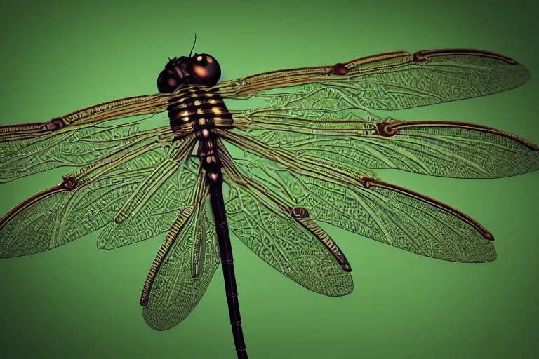 Prompt: armored dragonfly with filigree wings on a green leaf, steampunk style, octane renderer, macro shot, highly detailed, ultra realistic 4K, depth blur