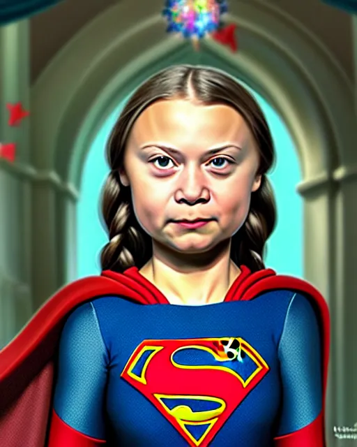 Image similar to highly detailed closeup, face profile portrait of greta thunberg as supergirl as a fairytale princess wearing a crown eating cakes in the castle, bikini, unreal engine, nicoletta ceccoli, mark ryden, earl norem, lostfish, global illumination, detailed and intricate environment