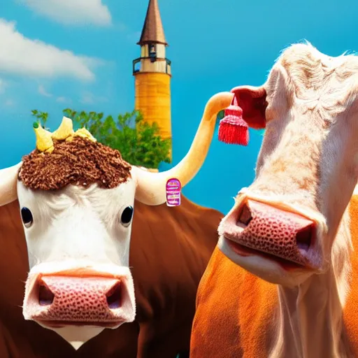 Prompt: a well dressed milkshake wearing a dress next to a brilliant shrimp wearing an academic cap inside the mouth of a cow, digital art, photorealistic