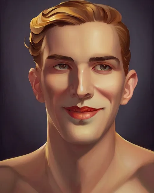 Prompt: portrait of a smiling man, art deco style, beautiful, elegant, mesmerizing, concept art, highly detailed, smooth, fantastical, artstation, deviantart, trending, by tamara de lempicka, sana takeda