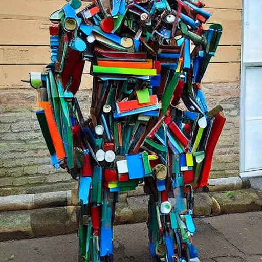 Prompt: A sculpture made of recycled materials but with perfect definition, 💃🤖