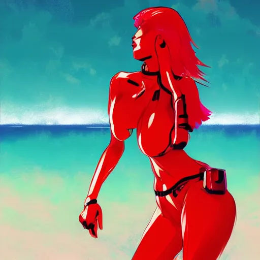 Image similar to cybertronic woman with scarlet red hair and curvacious body at the beach, yoji shinkawa influences, digital painting, synthwave, anime influences