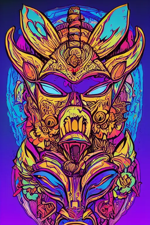 Image similar to animal mask totem roots flower tribal feather gemstone plant wood rock shaman vodoo video game vector cutout illustration vivid multicolor borderlands comics by josan gonzales and dan mumford radiating a glowing aura