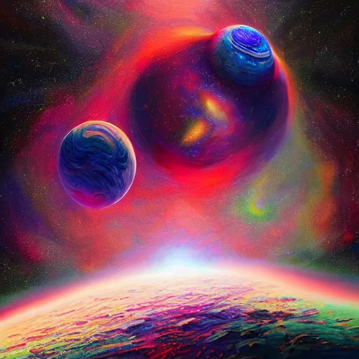 Prompt: space landscape, illustration painting, oil on canvas, intricate, portrait, detailed illustration, hd, digital art, overdetailed art, concept art, complementing colors, detailed, illustration painting by alex gray, digital art, overdetailed art, concept art, complementing colors rendered by beeple, syd meade