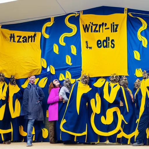 Image similar to a meeting of cat wizards dressed in yellow raincoats. A banner that reads Wiz Biz only, Fools adorns the back wall. Hypermaximalistic, hyper detailed 4k resolution photo realistic