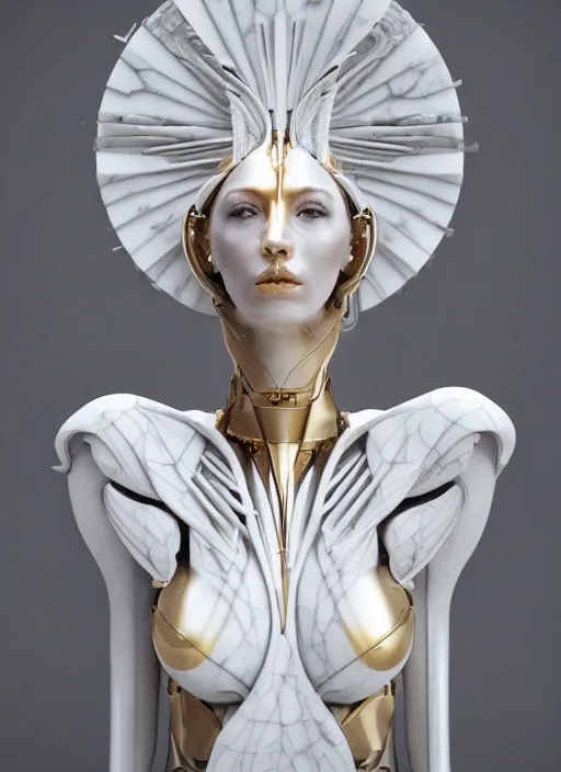 Image similar to a statue made of white marble with gold veins, of an gorgeous futuristic cybernetic angel girl, prostheses, transhumanism, full body shot, perfect symmetrical body, perfect symmetrical face, hyper realistic, hyper detailed, by johannen voss, by peter kemp, by monia merlo, by michelangelo, octane render, blender, 8 k