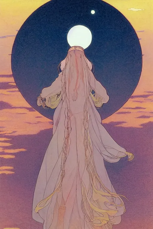 Image similar to A mystic woman peers over the horizon to find the sun setting over another planet and a fine mist of mana obscuring her vision by studio ghibli and mucha