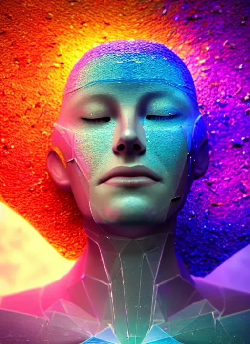 Prompt: a photo of 8k ultra realistic corrupted rainbow shard humanoid queen meditating, swarm of transparent glass shards, D&D, fantasy, cinematic lighting, highly detailed, artstation, concept art, smooth, sharp focus, illustration, warm light, cozy warm tint, magic the gathering artwork, volumetric lighting, 8k, no gold, no gold colours, art by Akihiko Yoshida, Greg Rutkowski