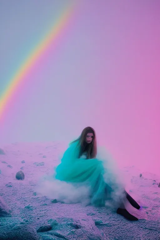 Image similar to high quality pastel coloured film close up wide angle photograph of a model wearing clothing resting on cloud furniture in a icelandic black rock environment in a partially haze filled dreamstate world. three point light, rainbow. photographic production. art directed. pastel colours. volumetric clouds. pastel gradient overlay. waves glitch artefacts. extreme facial clarity. 8 k. filmic.