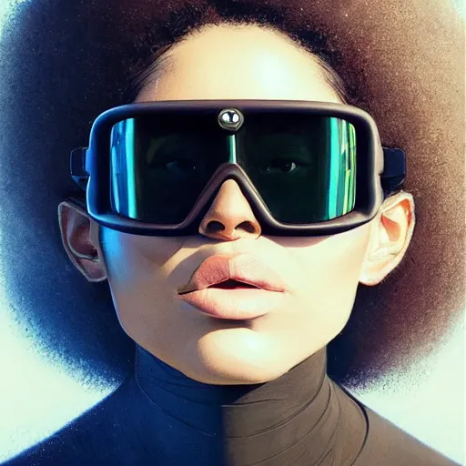 Prompt: Beautiful woman wearing opaque reflective goggles profile picture by Greg Rutkowski, brown skin, long afro hair, asymmetrical, futuristic, cool colors, streetwear, studio ghibli, Organic Painting , Matte Painting, geometric shapes, hard edges, street art, trending on the artstation, fantasy LUT, realistic by Sachin Teng + Martin Grip + Moebius, techwear, Industrial Scifi, detailed illustration, character portrait,