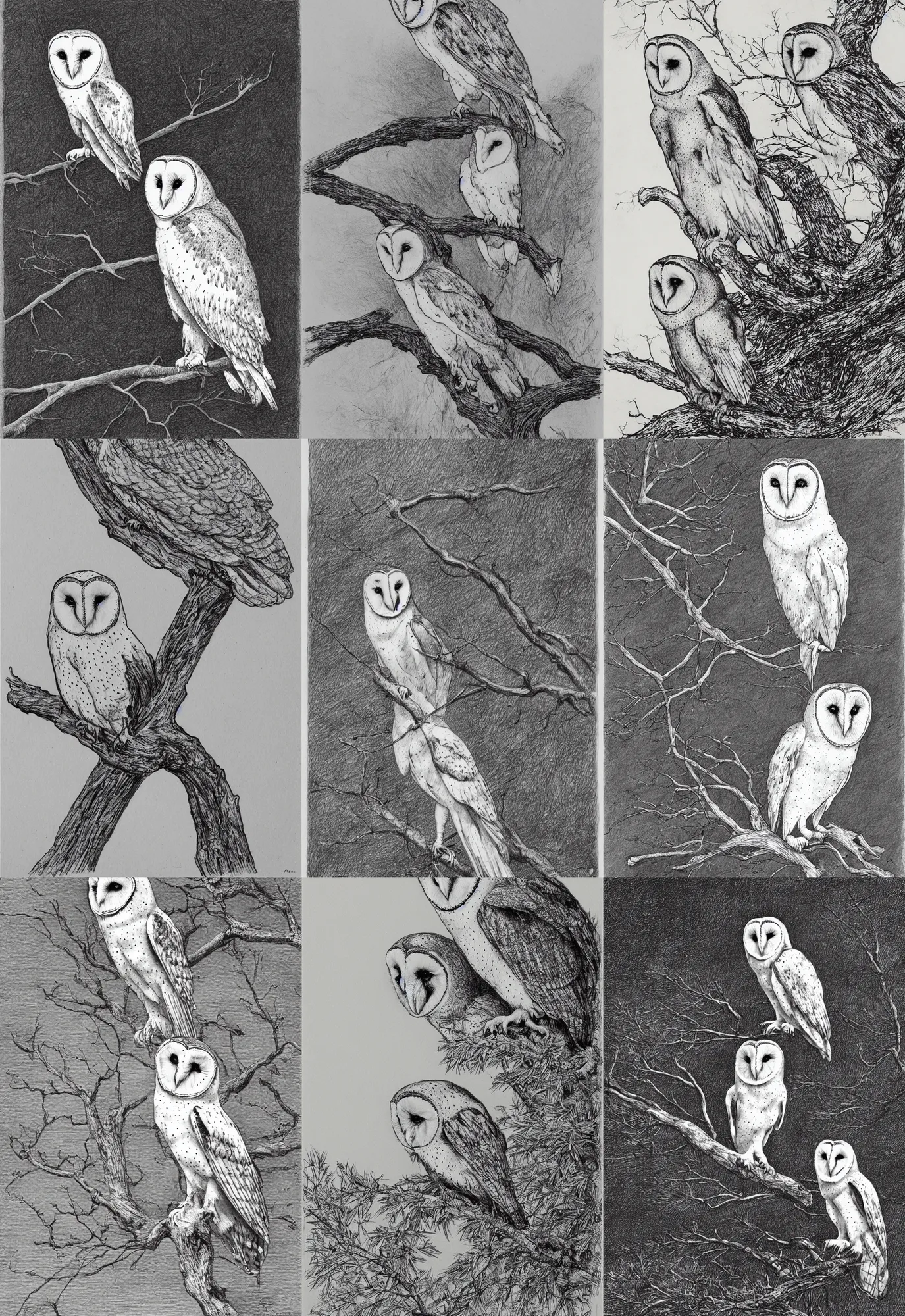 Prompt: realistic line drawing of one barn owl standing on a branch, by Dore, black and white, pen & ink drawing, concept art
