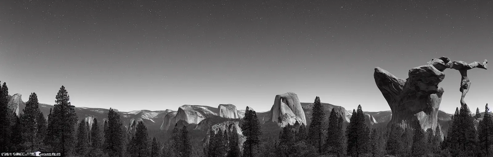 Image similar to to fathom hell or soar angelic, just take a pinch of psychedelic, medium format photograph of two colossal minimalistic necktie sculpture installations by antony gormley and anthony caro in yosemite national park, made from iron, marble, and limestone, granite peaks visible in the background, taken in the night