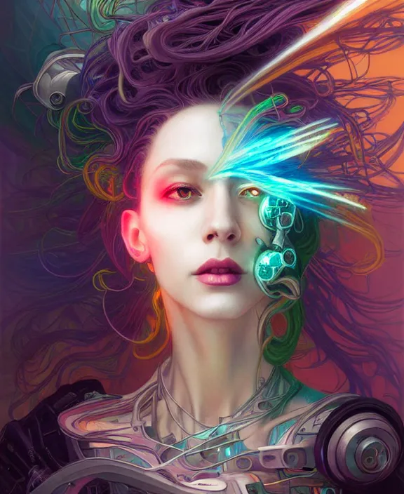 Image similar to a whirlwind of souls rushing inside the metaverse, half body, jewelry, hologram, dreads, android, cyborg, cyberpunk face, by loish, d & d, fantasy, intricate, elegant, highly detailed, colorful, vivid color, digital painting, artstation, concept art, art by artgerm and greg rutkowski and alphonse mucha