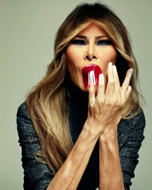 Image similar to Melania Trump putting garbage in her wide open mouth. Studio portrait by Annie Leibovitz.