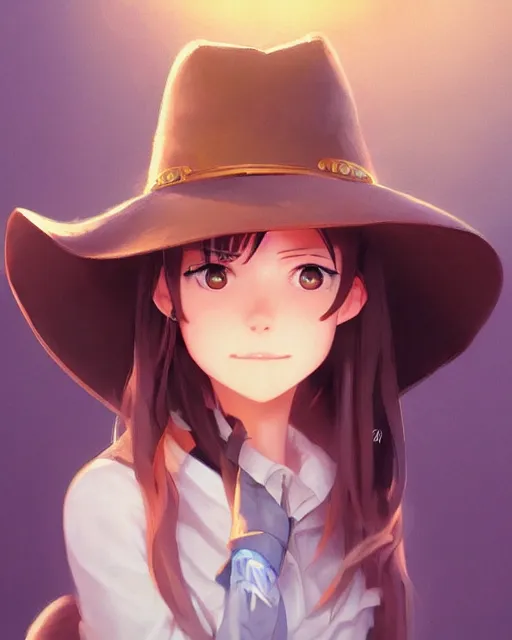 Image similar to a very cute cowgirl wearing a cat hat, medium shot, ambient lighting, visible and detailed face, by makoto shinkai, stanley artgerm lau, wlop, rossdraws