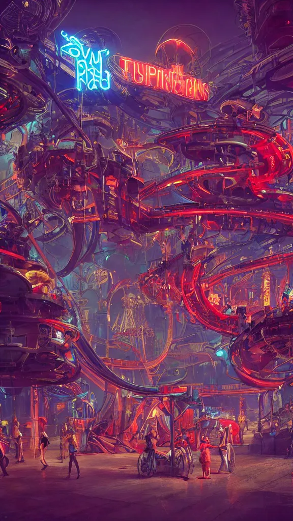 Image similar to concept art, retro - futurist steampunk theme park, imperious, towering rollercoaster, carnival robots, octane render, artstation, dramatic neon lighting, glowing circus motifs, red turquoise accents, bladerunner, by gerald brom, james jean, syd mead, akihiko yoshida, cinematic