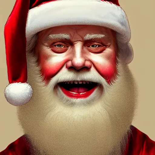 Image similar to frontal upper view of santa claus that is evil, cream colored cap, cream colored robe, red grinning mouth, cream colored background, fine art, award winning, intricate, elegant, sharp focus, cinematic lighting, digital painting, 8 k concept art, by michael hussar and greg manchess and brom and z. w. gu, 8 k