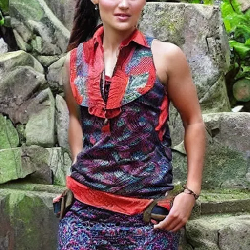 Image similar to hey ai use your best to give me beautiful lara croft wearing batik!